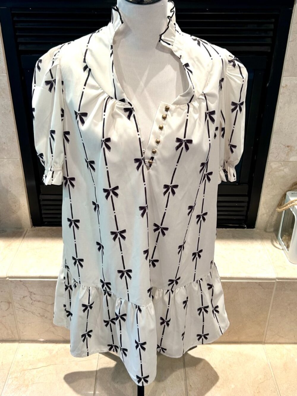 White and Black Dress with Bow Print and Ruffles. L